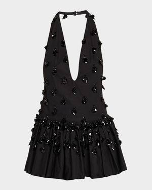 Embellished Plunging Ruffle Halter Top