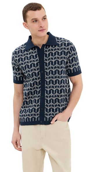 Far Afield Zigger Palm Tree Knit Button Polo Navy Iris XXL