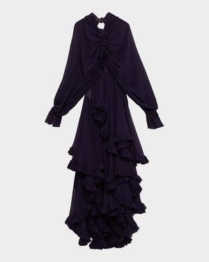 Draped Open-Back Ruffle Cape Gown
