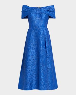 Off-Shoulder Floral Jacquard Midi Dress