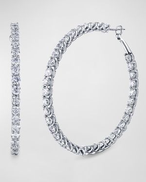 18K White Gold Round Diamond Medium Wire Cup Hoop Earrings, 2"L, 11.10tcw