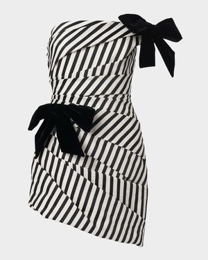 Gathered Ribbon Striped Strapless Mini Dress