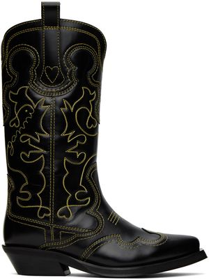 GANNI Black Mid Shaft Embroidered Western Boots