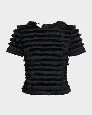 Striped Fringe Short-Sleeve Fitted Top
