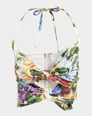 Floral Bouquet Knotted Popeline Crop Halter Top