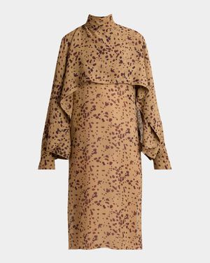 Orchid Print Silk Cape Midi Dress