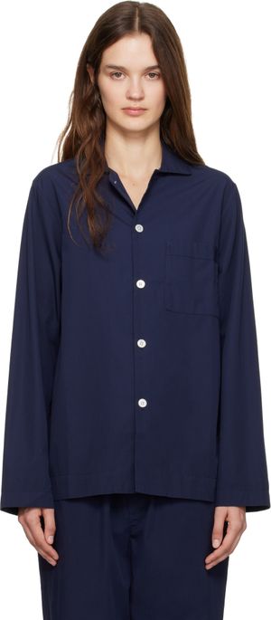 Tekla Navy Poplin Long-Sleeved Pyjama Shirt