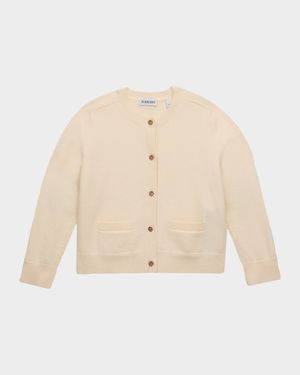 Girl's Check-Patch Wool Cashmere Cardigan, Size 3-14