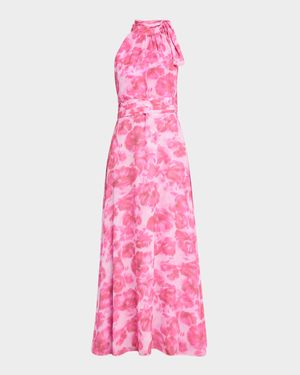 Kayla Floral-Print Chiffon Halter Gown
