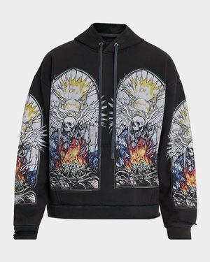 Men's Skull Hooded Pullover in Distressed Cotton