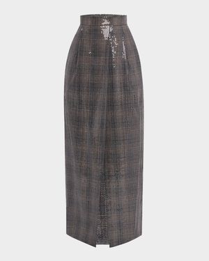 Sequined Prince of Wales Wool Skirt
