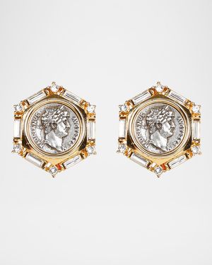 Roman Coin and Crystal Clip Earrings