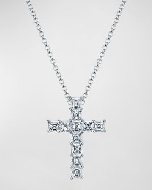 18K Gold 11-Stone Shared Prong Asscher Cut Diamond Cross 16" Necklace, 1.50tcw