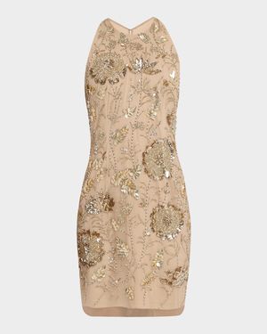 Floral Bead & Sequin Halter Mini Dress