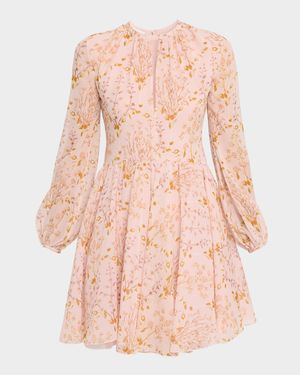 Floral Georgette Long-Sleeve Mini Dress