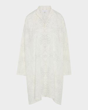 Tile-Print Ottoman Wide A-Line Collarless Shirt With Slits (Very Long Length)