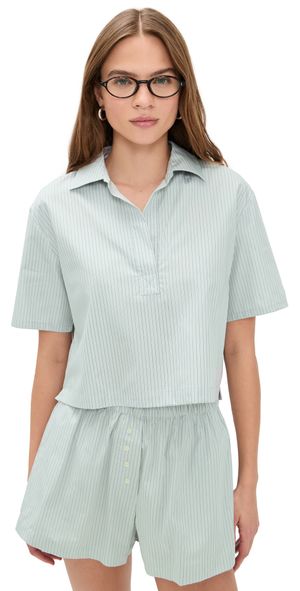 Leset Yoshi Stripe Short Sleeve Polo Dove/Forest Stripe M