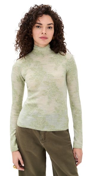GANNI Sheer Flower Jacquard Mock Neck Olive Night XS