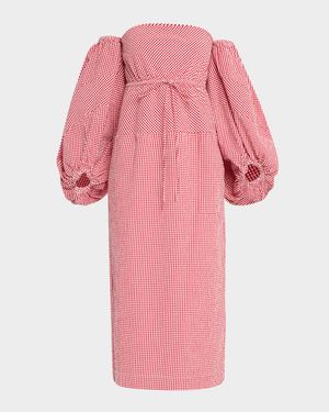 Balloon-Sleeve Off-The-Shoulder Gingham Midi Dress