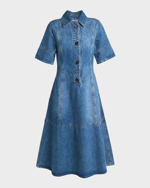 Half-Placket Short-Sleeve Denim Mini Shirtdress
