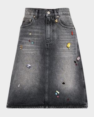 Charm Embellished Denim A-Line Skirt