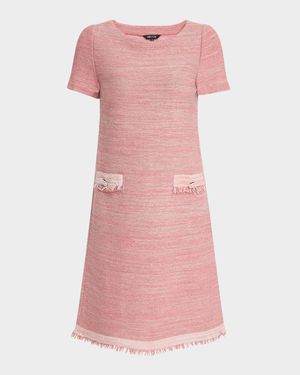 Fringe-Trim Melange Knit Shift Dress