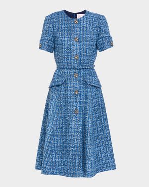 Crystal Button-Front Tweed Midi Dress With Belt