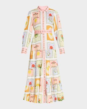 Aria Tiered Tile-Print Linen Maxi Shirtdress