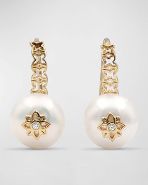 White Pearl and White Diamond French Wire Earrings in 18K Gold