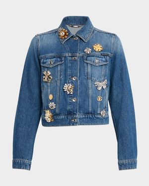 Brooch Embellished Crop Denim Jacket