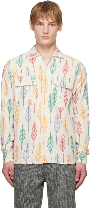 Drake's Off-White Ikat Print Brushed Cotton Camp Collar Shirt