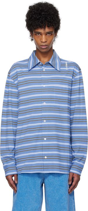 Marni Blue & White Long Sleeved Striped Polo