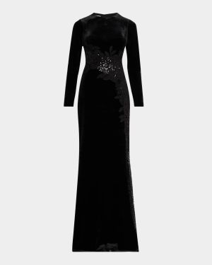 Floral-Embroidered Sequin Velvet Gown