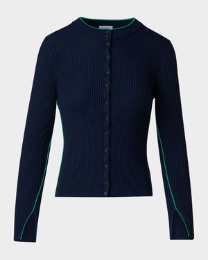 Ribbed Wool Cardigan with Contrast Piping