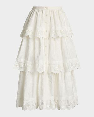 Caitlin Tiered Embroidered Cotton Poplin Midi Skirt