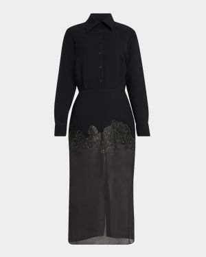 Amelie Embroidered Sheer-Skirt Midi Shirtdress