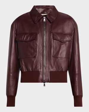 Monili-Neck Smooth Glove Leather Bomber Jacket