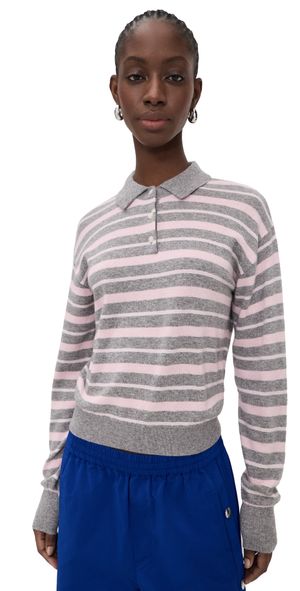 Guest in Residence Collegiate Stripe Cashmere Polo Heather Grey Combo L