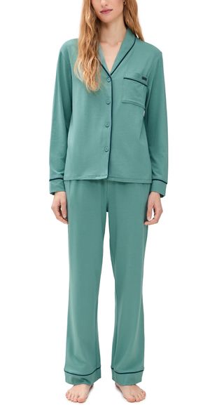 Lunya Slumberknit Shawl Collar Button Down Pants Set Musing Moss/Nocturnal Slate S