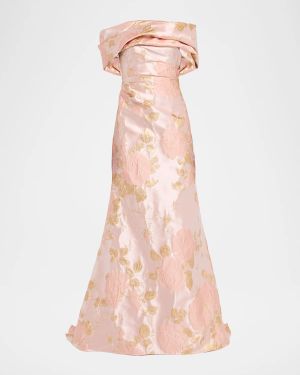 Metallic Floral Jacquard Off-The-Shoulder Gown