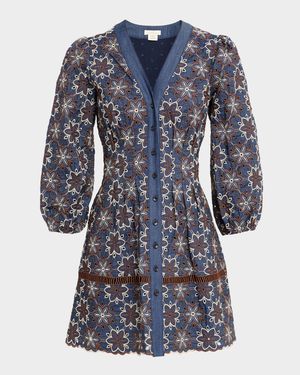 Lina Eyelet-Embroidered Chambray Mini Dress