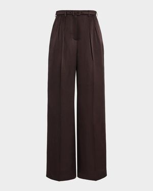 Vargas Textured Satin Pleated Straight-Leg Pants With Belt