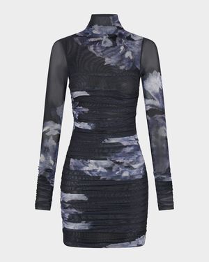 Mila Long-Sleeve Mock-Neck Mesh Mini Dress