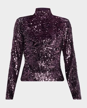 Mock-Neck Sequined Long-Sleeve Top