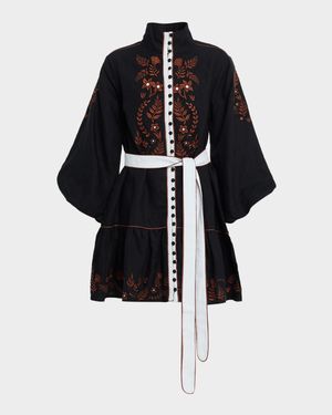Rosewood Embroidered Flounce Linen Mini Dress