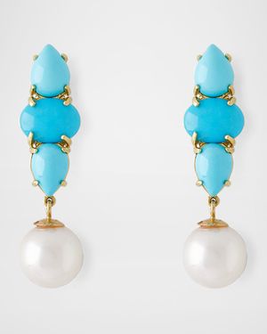 18K Yellow Gold Oval and Pear-Cut Turquoise with 8.5mm Akoya Pearl Drop Earrings