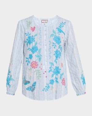 Field Striped Floral-Embroidered Henley Blouse
