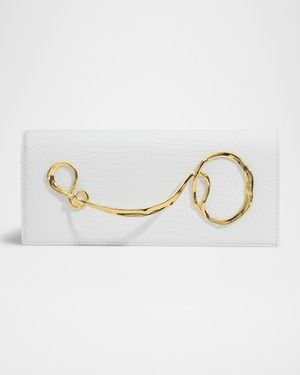 Lizard-Embossed Leather Clutch Bag with Side Handle