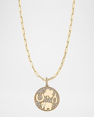 14K Luck Tableau Pave Medallion Necklace with Elongated Cable Chain