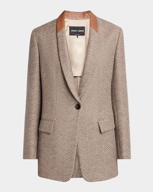 Chevron Wool Single-Breasted Blazer with Leather Trim